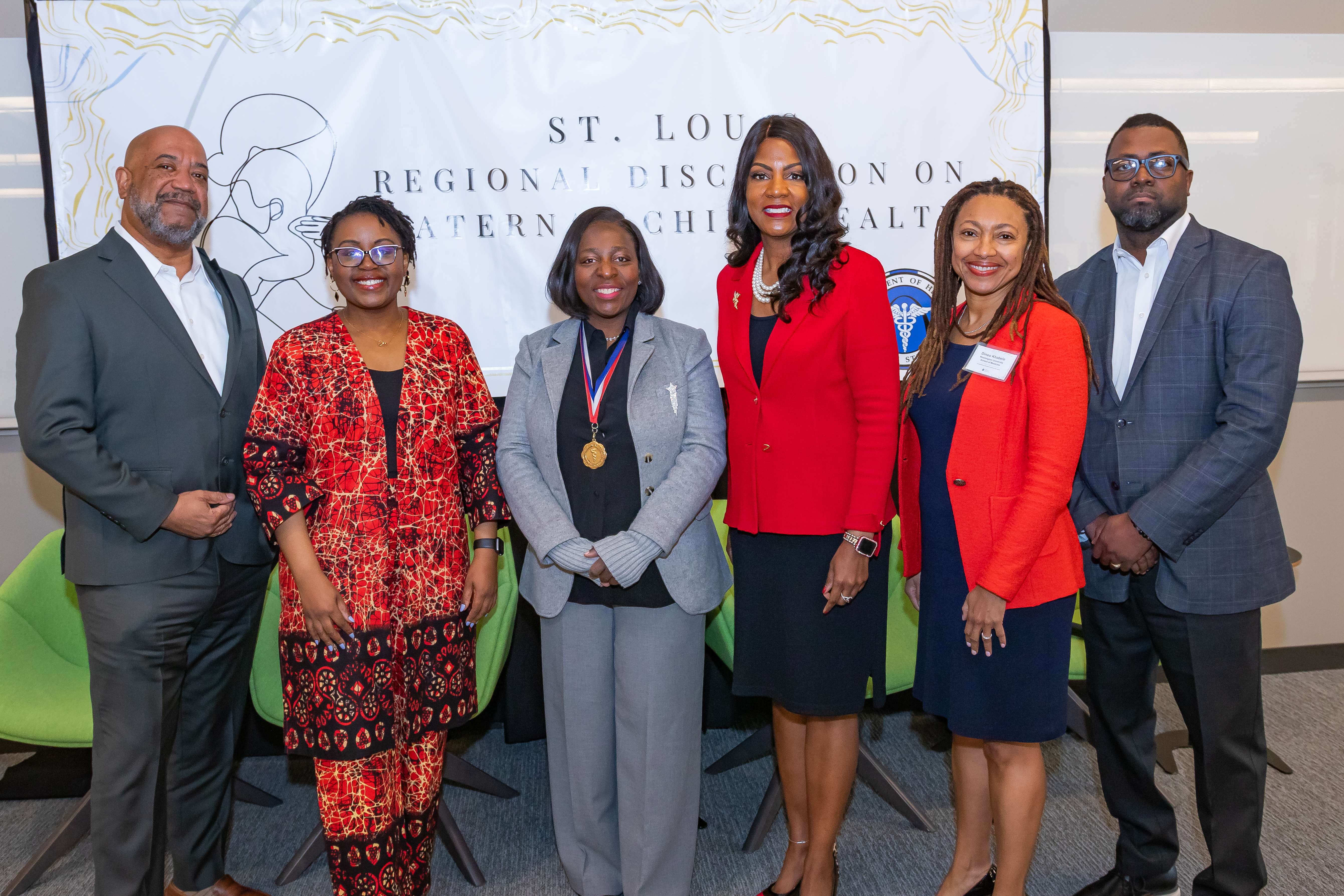 From left: Dr. Dwayne Proctor, Dr. Mati Hlatshwayo Davis, Dr. Yolanda Lawson, Mayor Tishaura O. Jones, Dr. Dineo Khabele and Derek Lewis.