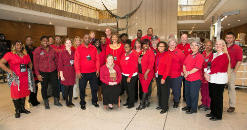 DOH staff in the main lobby at 1520 Market for National Wear Red Day on Feb. 6, 2015.