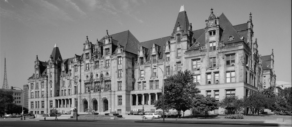 Black and white photo of city hall East and North elevation, black and white photo courtesy of the Library of Congress