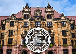 A photo of St. Louis City Hall overlaid with the Common Seal of the City of St. Louis.