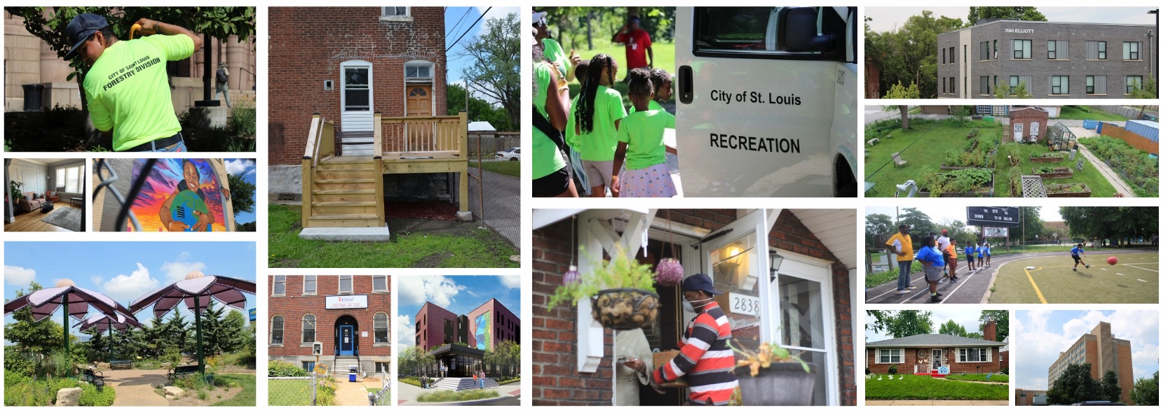 Thumbnail images showing forestry workers, building being repaired, youth in rec centers, and community gardens funded by CDBG