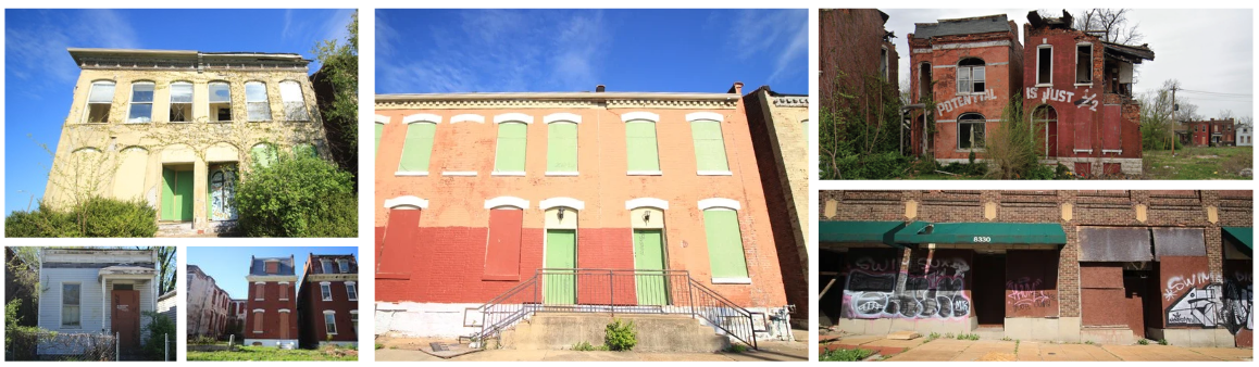 Thumbnail photos of vacant brick buildings
