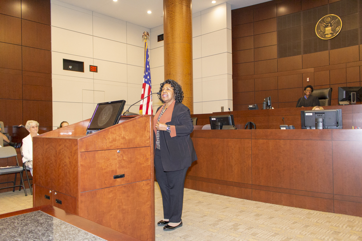 City of St. Louis Comptroller Darlene Green speaking at the October 19, 2018 naturalization ceremony at the Thomas Eagleton U.S. Courthouse, U.S. District Court Judge Nannette Baker presiding.