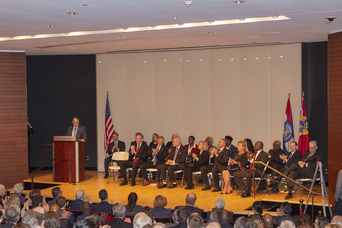 Photo from the December 13, 2018 ceremony held at the St. Louis Central Library transferring land from the City of St. Louis to the National Geospatial-Intelligence Agency.