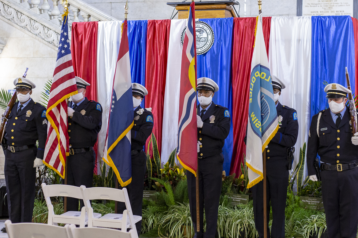 Police Color Guard; photo from the April 20, 2021 inauguration of City of St. Louis Comptroller Darlene Green.