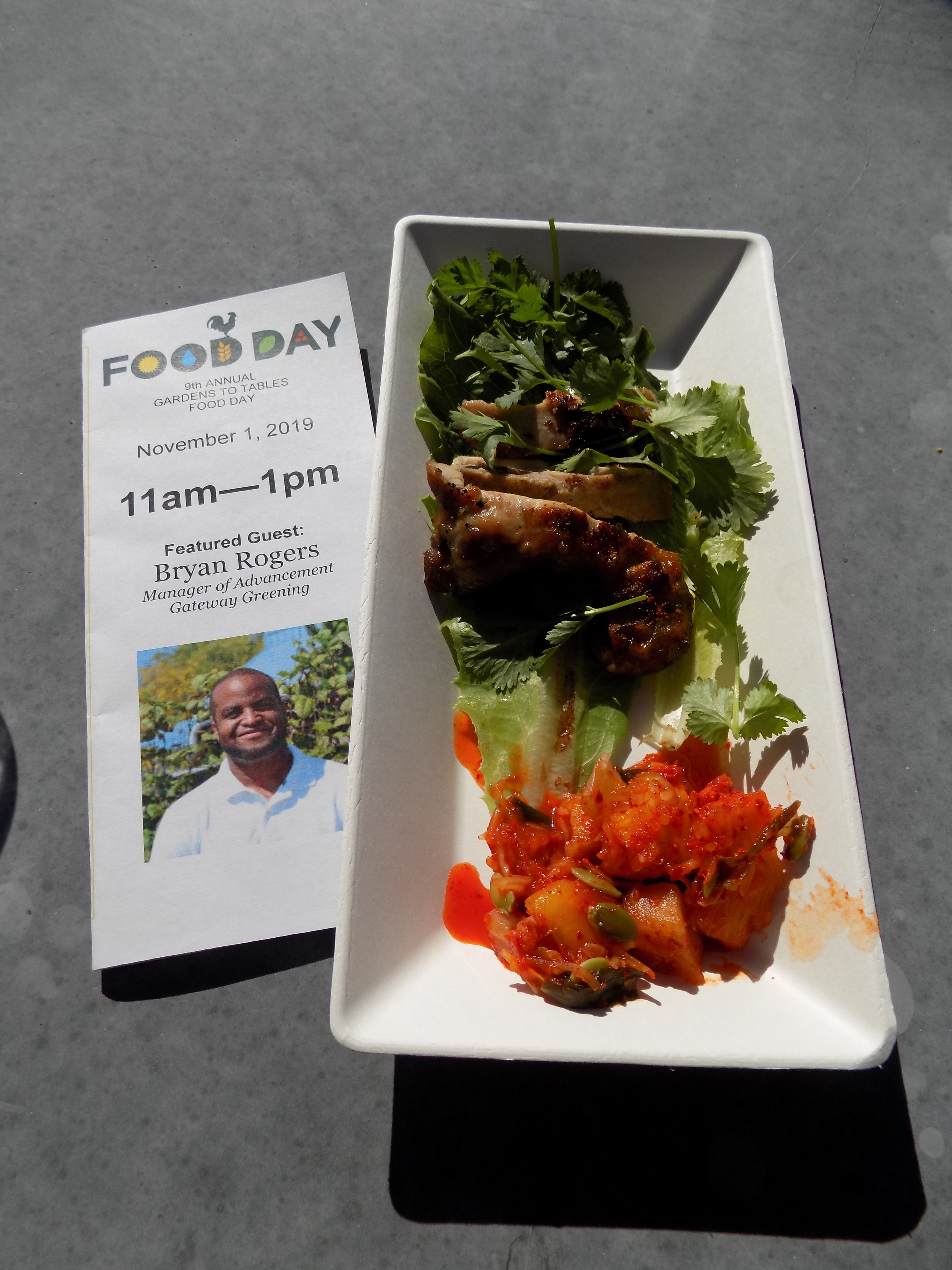 One of the menu items from the Garden to Tables Food Day 2019 - Grilled chicken with spaghetti squash kimchi