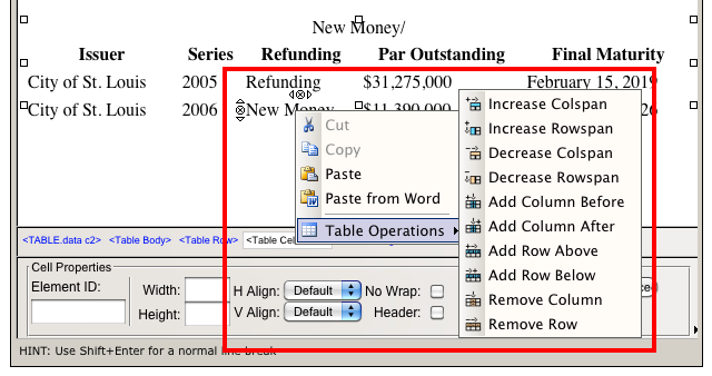 table right click options