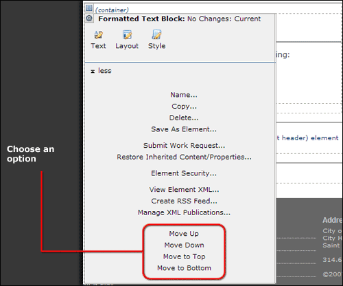 Choose an option to move the element up or down.