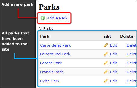 Parks administration home page