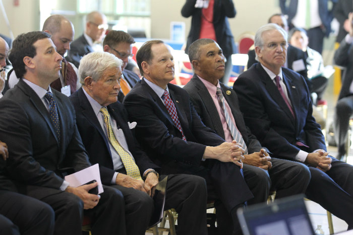 Area political leaders (L to R) St. Louis County Executive Steve Stenger, former U.S. Senator Christopher "Kit" Bond, St. Louis Mayor Francis Slay, U.S. Congressman William "Lacy" Clay and Missouri Governor Jay Nixon