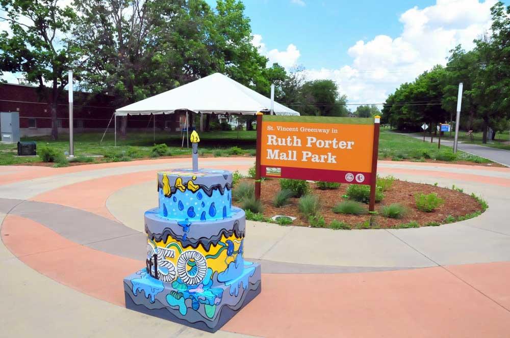 Ruth Porter Mall sign and STL 250 birthday cake