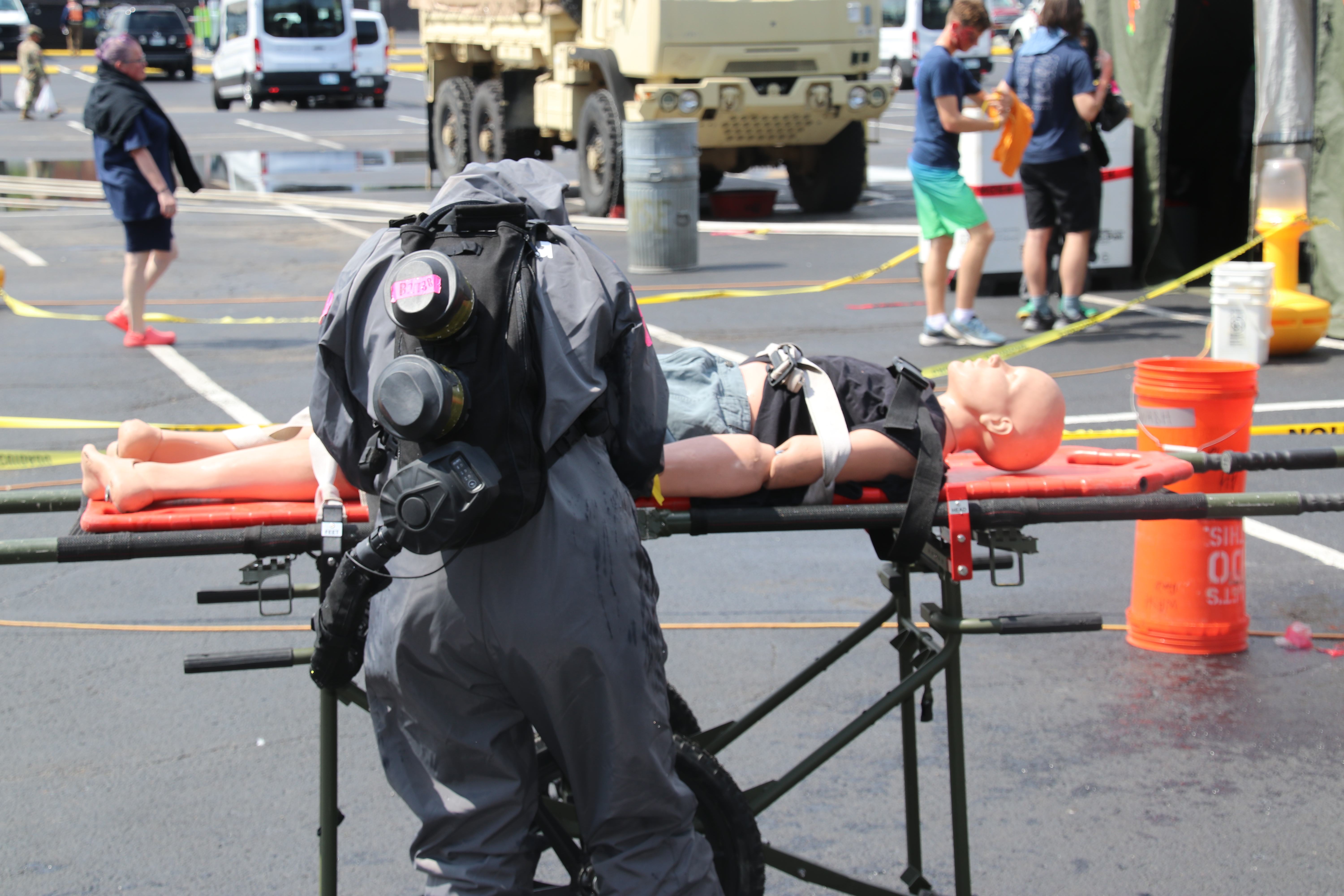 National guard member prepares a mannequin for decontamination response practices