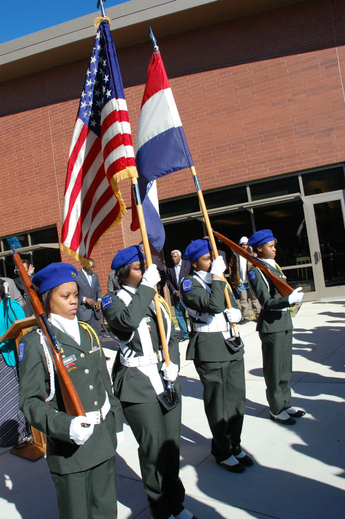 The Beaumont High School JROTC participates in the Ribbon Cutting Ceremony for the new O'Fallon Park Recreation Complex on Jan. 19, 2013.