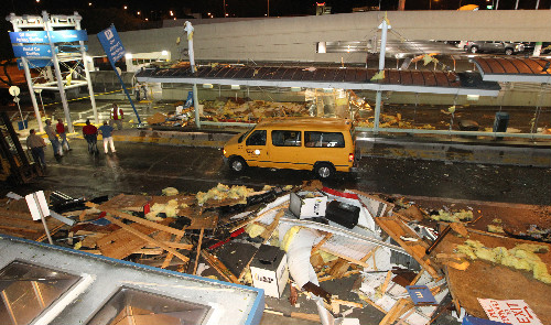 Tornado damage to Lambert Airport arrival area on April 22, 2011.