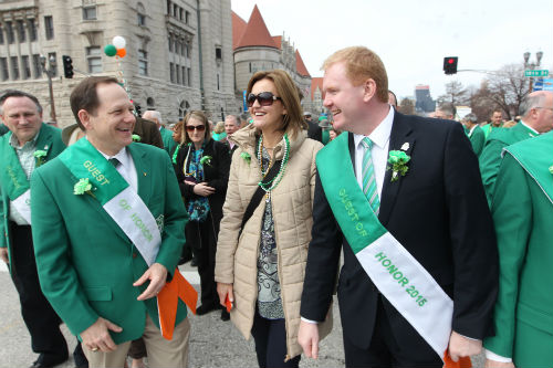 Mayor Francis Slay (l) with other officials at the start of the parade on 3.14.15.