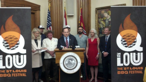 Mayor Francis Slay makes remarks at the press conference announcing Q in the Lou."