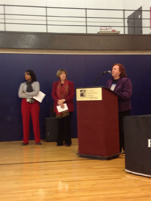 Health Director Pam Walker (at podium) kicks off the So You Got Moves Expo on Feb. 11, 2012.