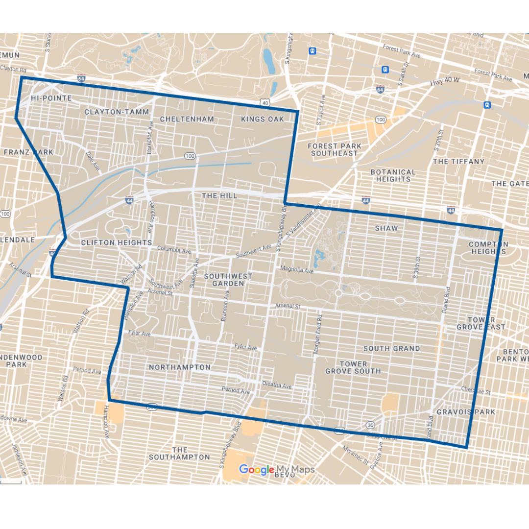 Affected areas Hi-Pointe Clayton-Tamm Cheltenham Kings Oak Franz Park The Hill Southwest Garden Ellendale Clifton Heights North Hampton Tower Grove South South Grand Gravois Park 