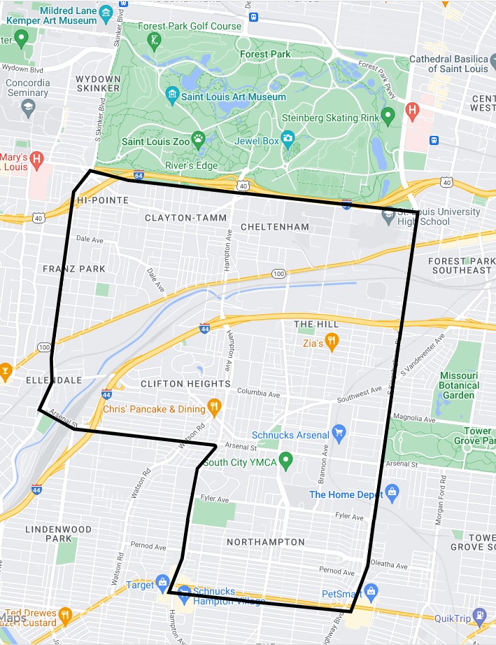 North of Arsenal to Oakland between Kingshighway and the western City limit and South of Arsenal to Chippewa between Kingshighway and Hampton