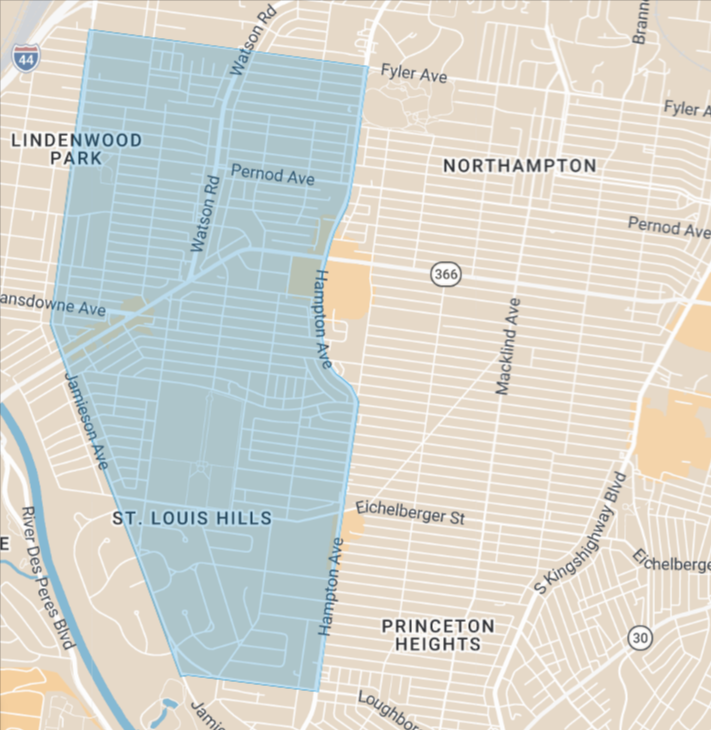 The area is bounded by Jamieson Ave. on the west, Fyler Ave. on the north, Hampton Ave. on the east, and Loughborough Ave. on the south.