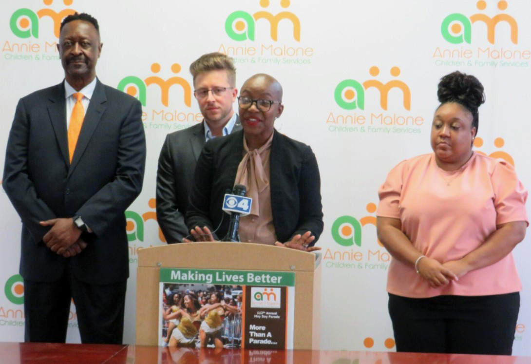 Annie Malone Board Member John Bowman, First Student Senior Location Manager Lucas Terando, Annie Malone CEO Keisha Lee and SLATE Executive Director Fredrecka McGlown