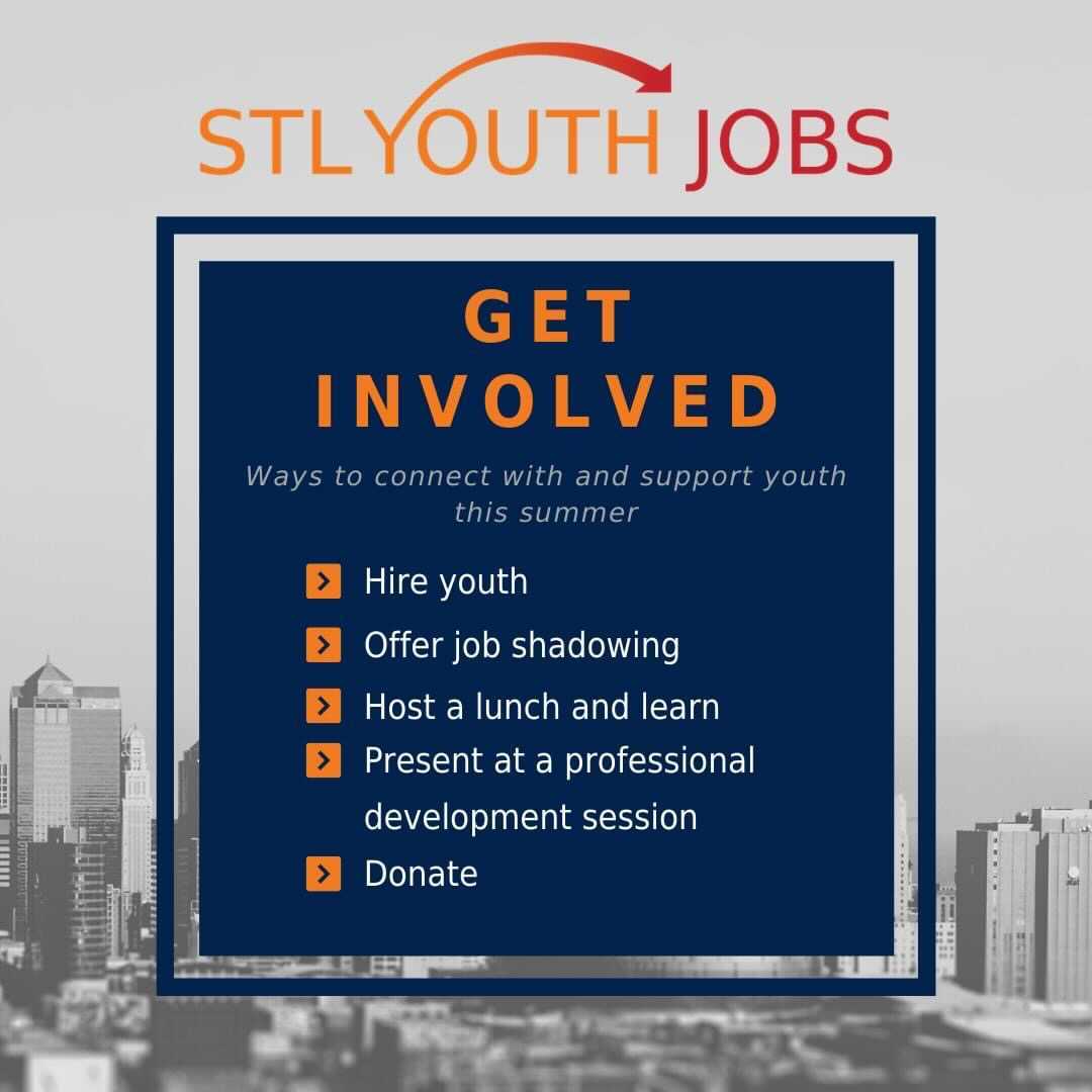 Get involved with STL Youth Jobs: Hire youth, Offer job shadowing, Host a lunch and learn, Present at a professional development session, Donate