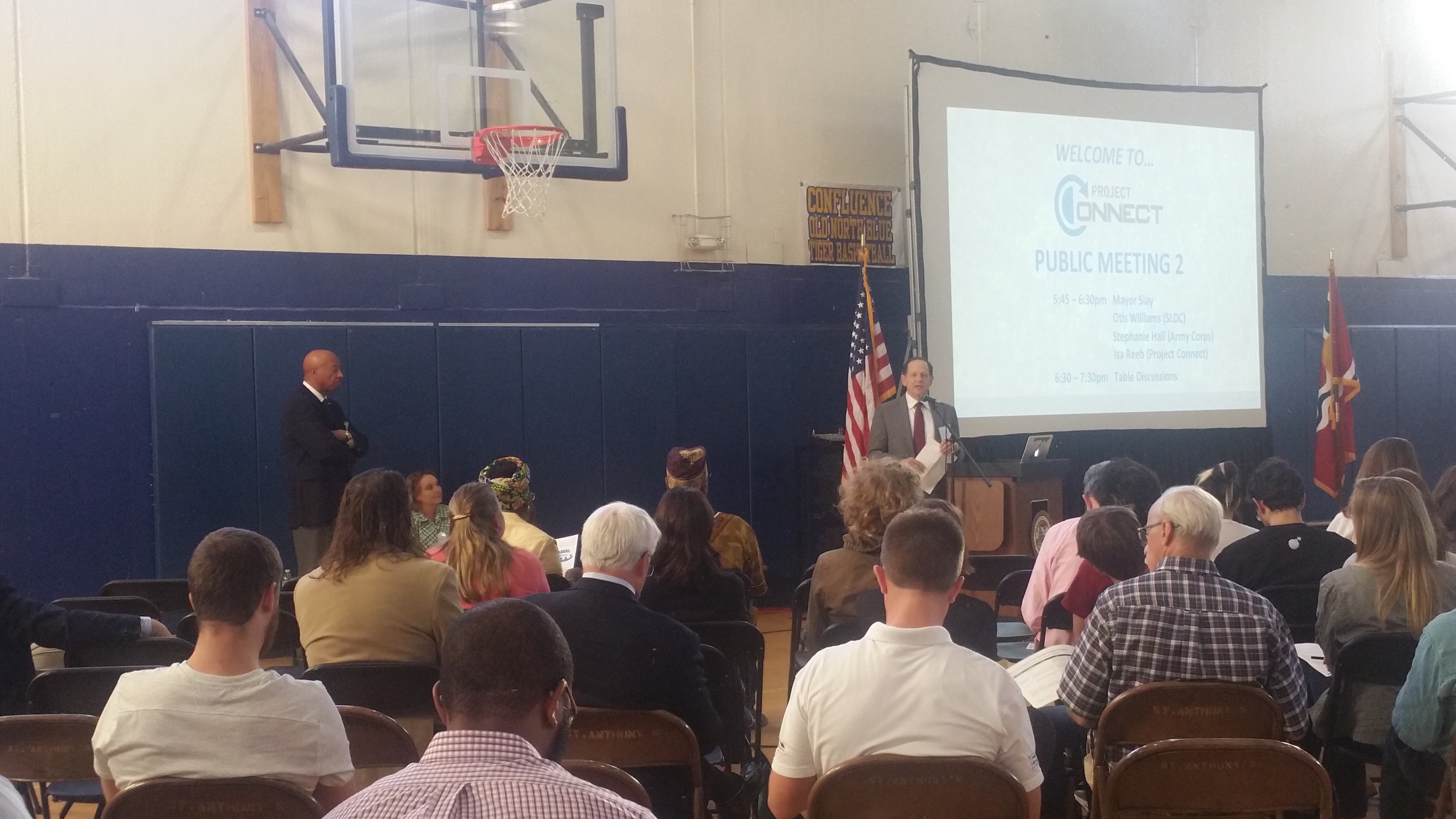 Mayor Slay discusses the benefits of the NGA investment at the second Public Meeting.