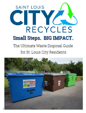 Displays Saint Louis City Recycles Logo with blue, brown, and green waste disposal dumpsters