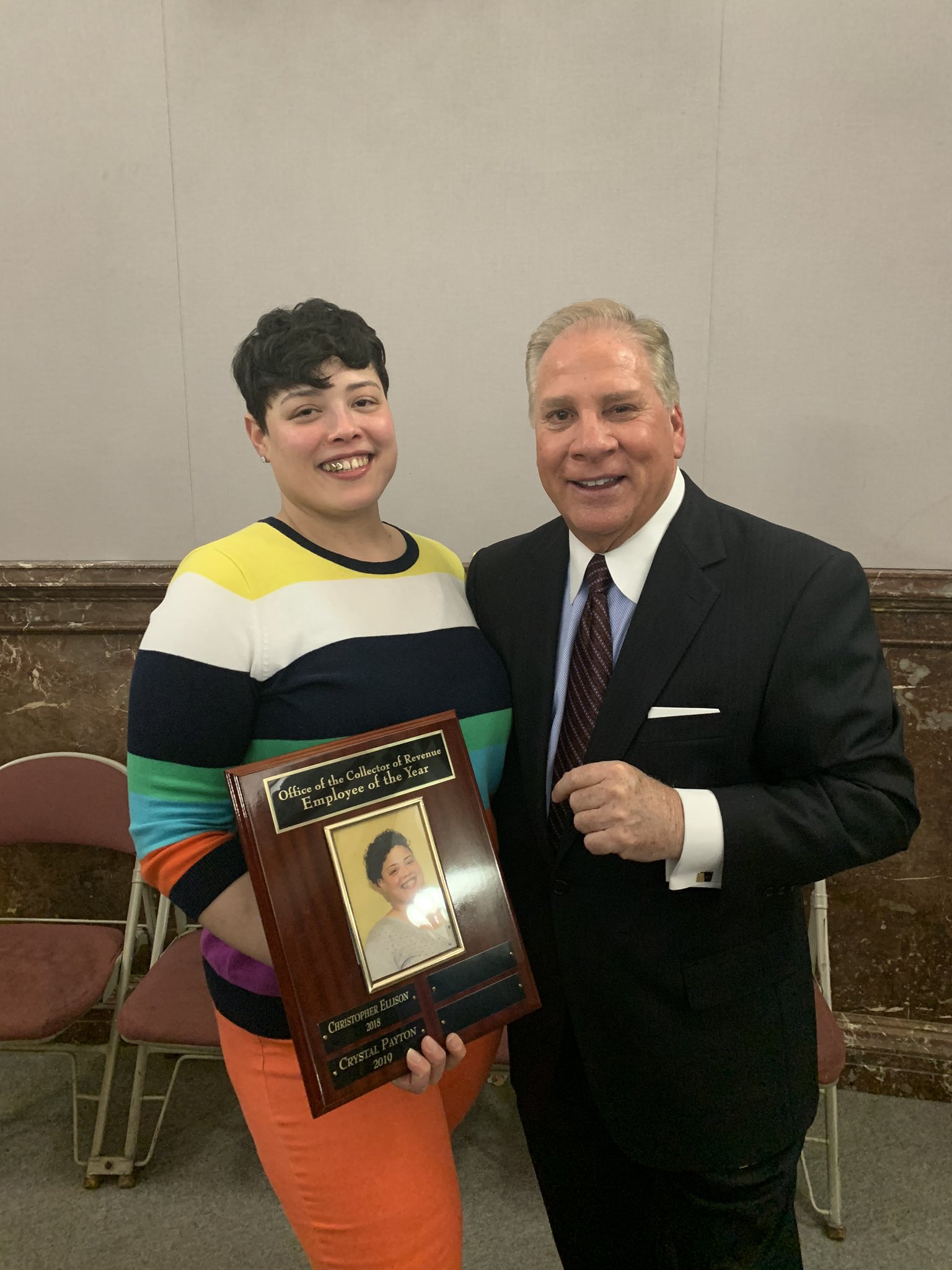 Collector of Revenue Gregory F.X. Daly congratulates 2019 Employee of the Year Crystal Payton