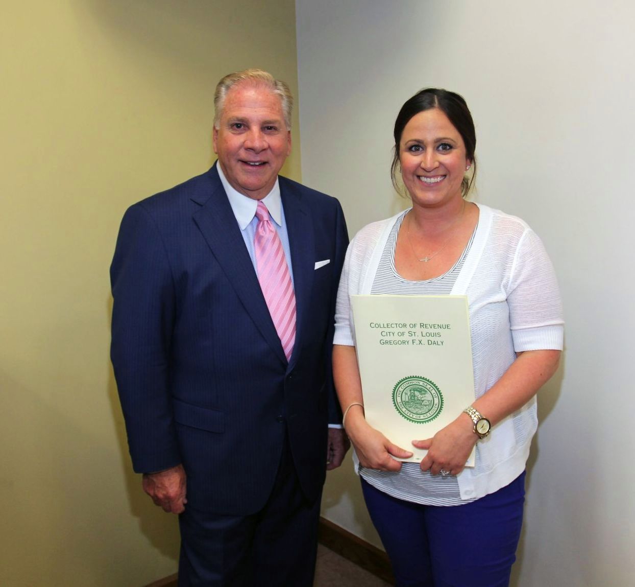 Collector of Revenue Gregory F.X. Daly congratulates Alexa Speropoulos on 10 years of service in the Collector's Office
