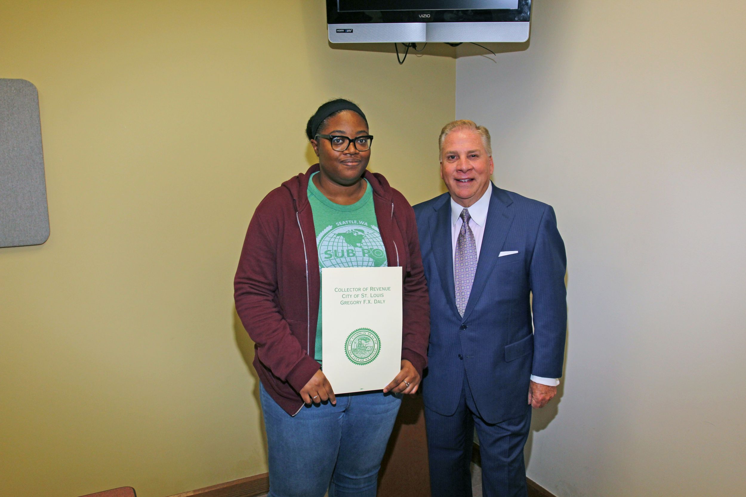 Collector of Revenue Gregory F.X. Daly recognizes Kay'la Jackson