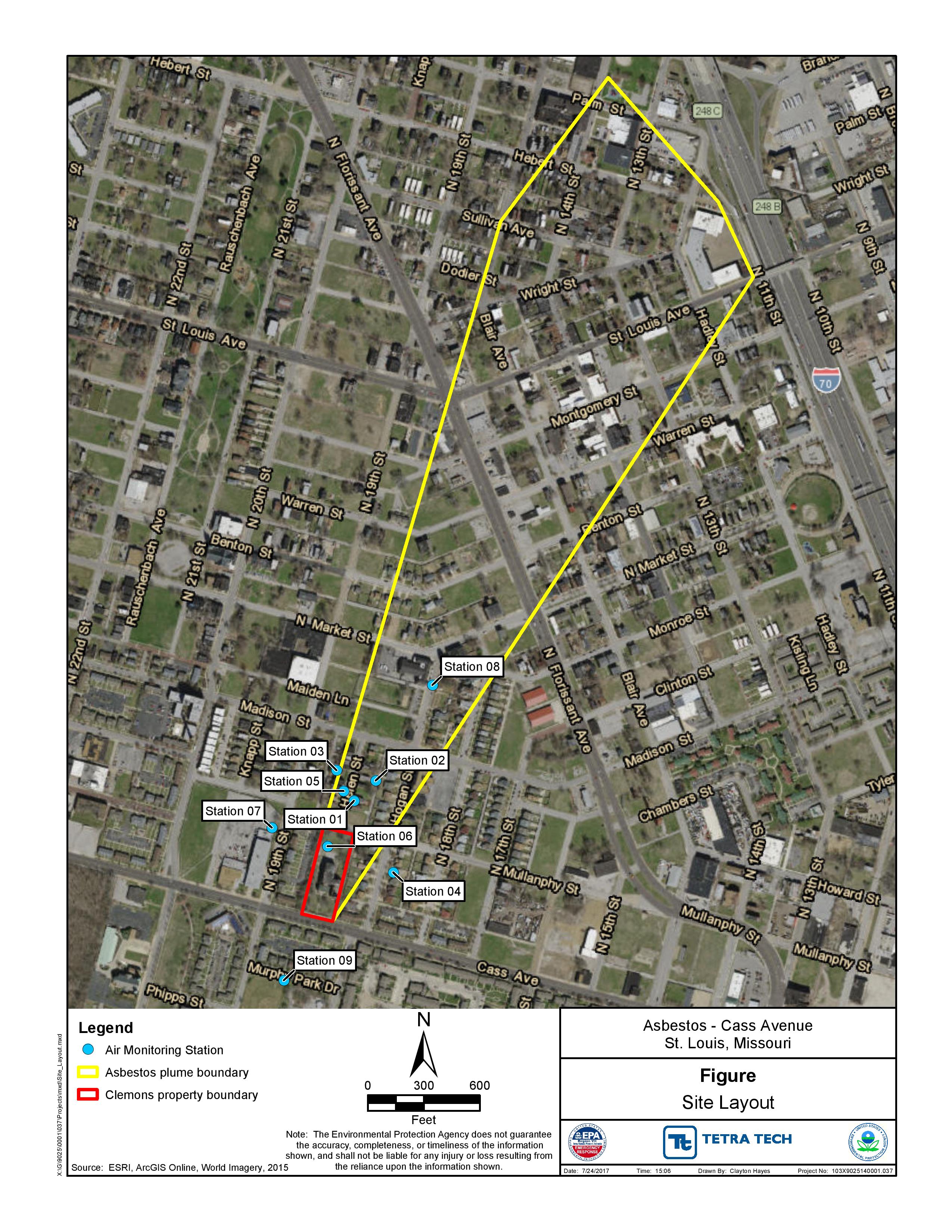 map of EPA air monitoring stations and debris field