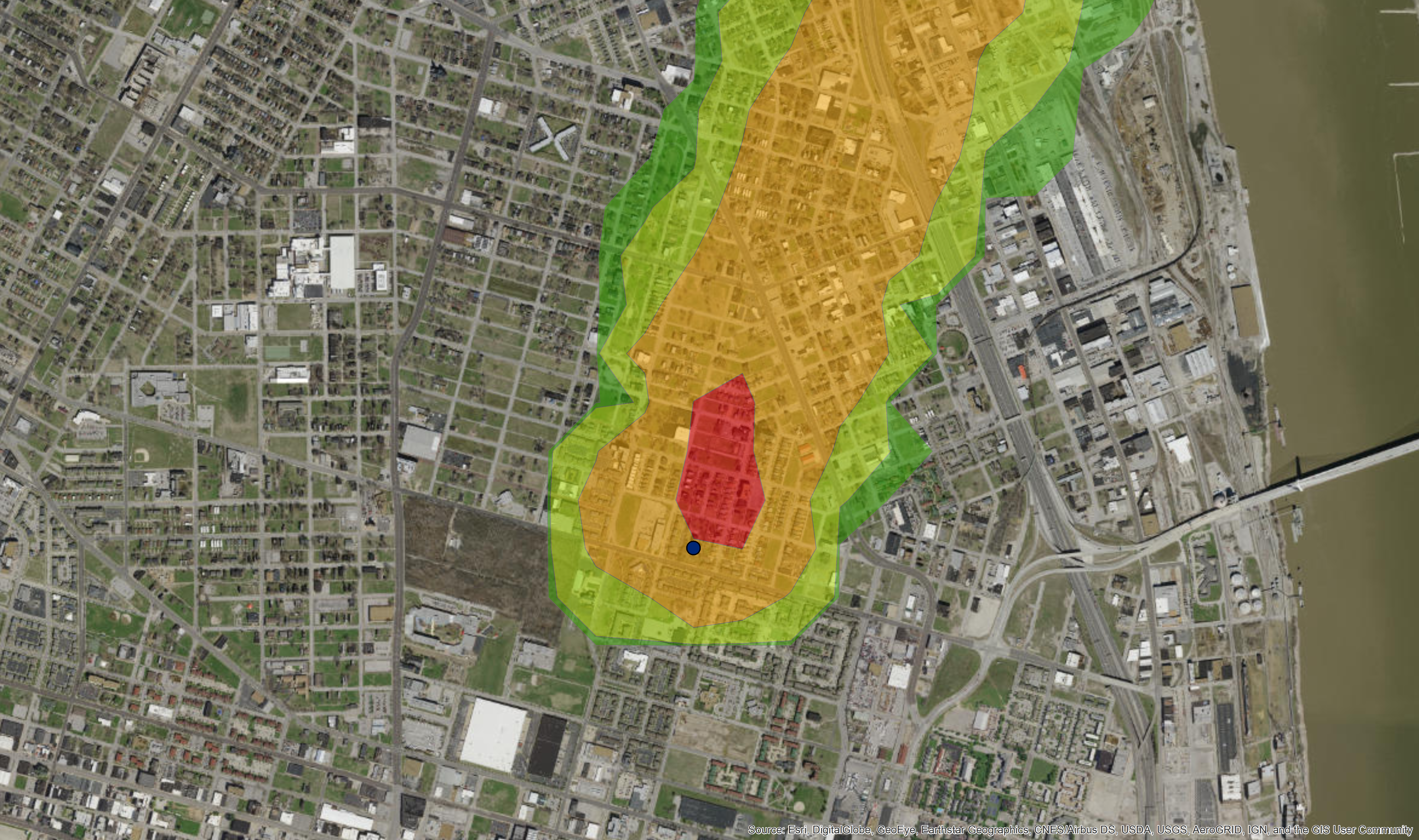 model predicts smoke movement during the fire from around 3:30 am to 5:30 am on 7/12/2017. Colors indicate the concentration of particulate deposition around the fire from the smoke movement. 