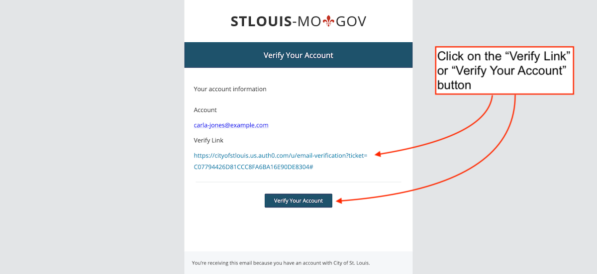 Verify My City Auth0 Email Address Screen shot showing an example My City verification email with verification links