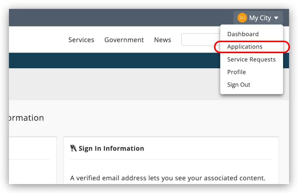 My City toolbar button - signed in - open with Applications highlighted