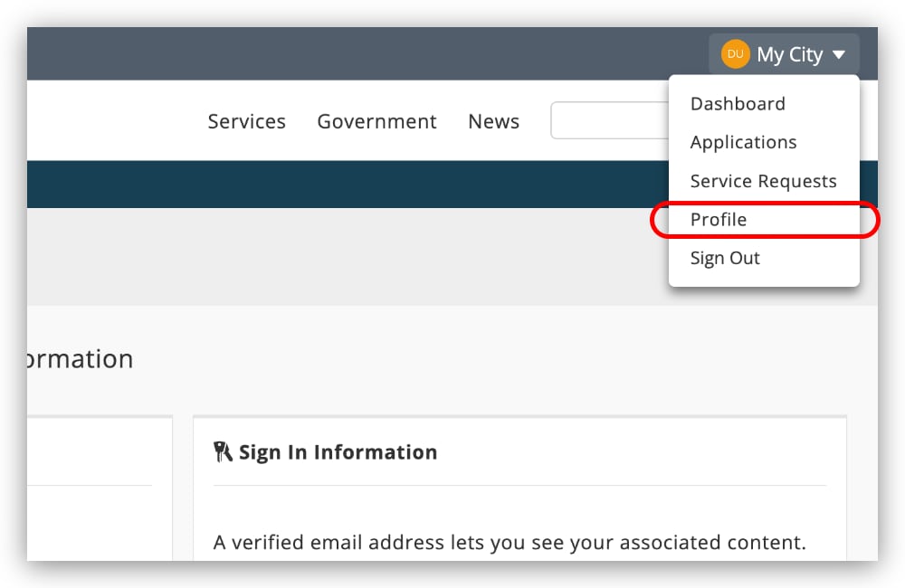 My City toolbar button - signed in - open with Profile highlighted
