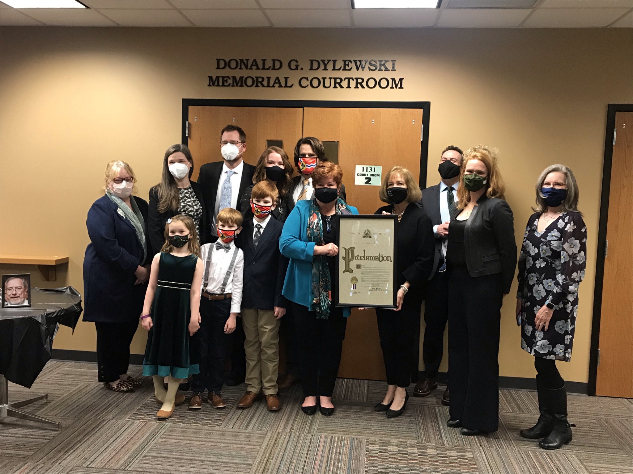 The Dylewski Family gathers on March 19, 2021 in the Donald G. Dylewski Courtroom