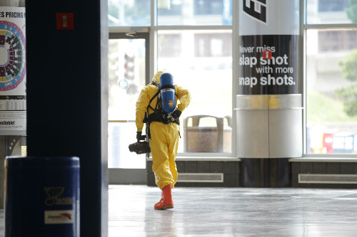 A HazMat responder leaves Scottrade Center.  Sweep complete.