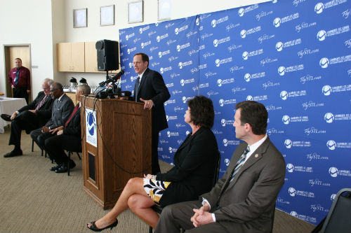 Mayor Slay at the Lambert one-year anniversary news conference