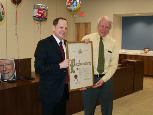 Mayor Francis G. Slay presents a proclamation to Dale Ruthsatz in honor of his 50 years of City Development