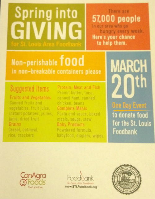 Flier for the Spring into Giving Food Drive on March 20, 2015
