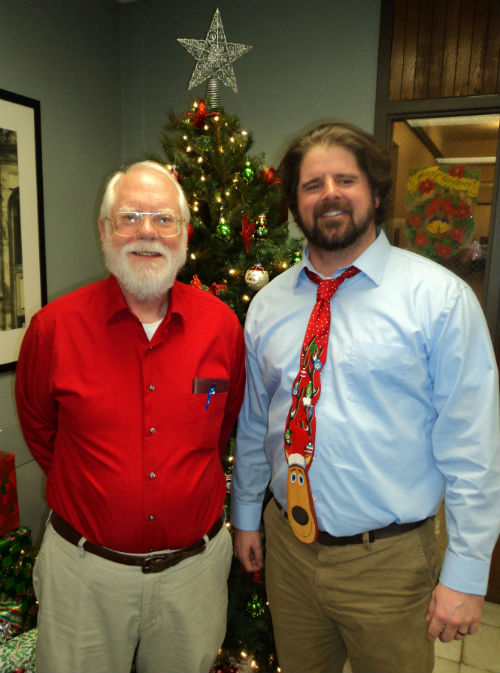 Ray and Stephen sport holiday attire for Wear Your Christmas Sweater Day